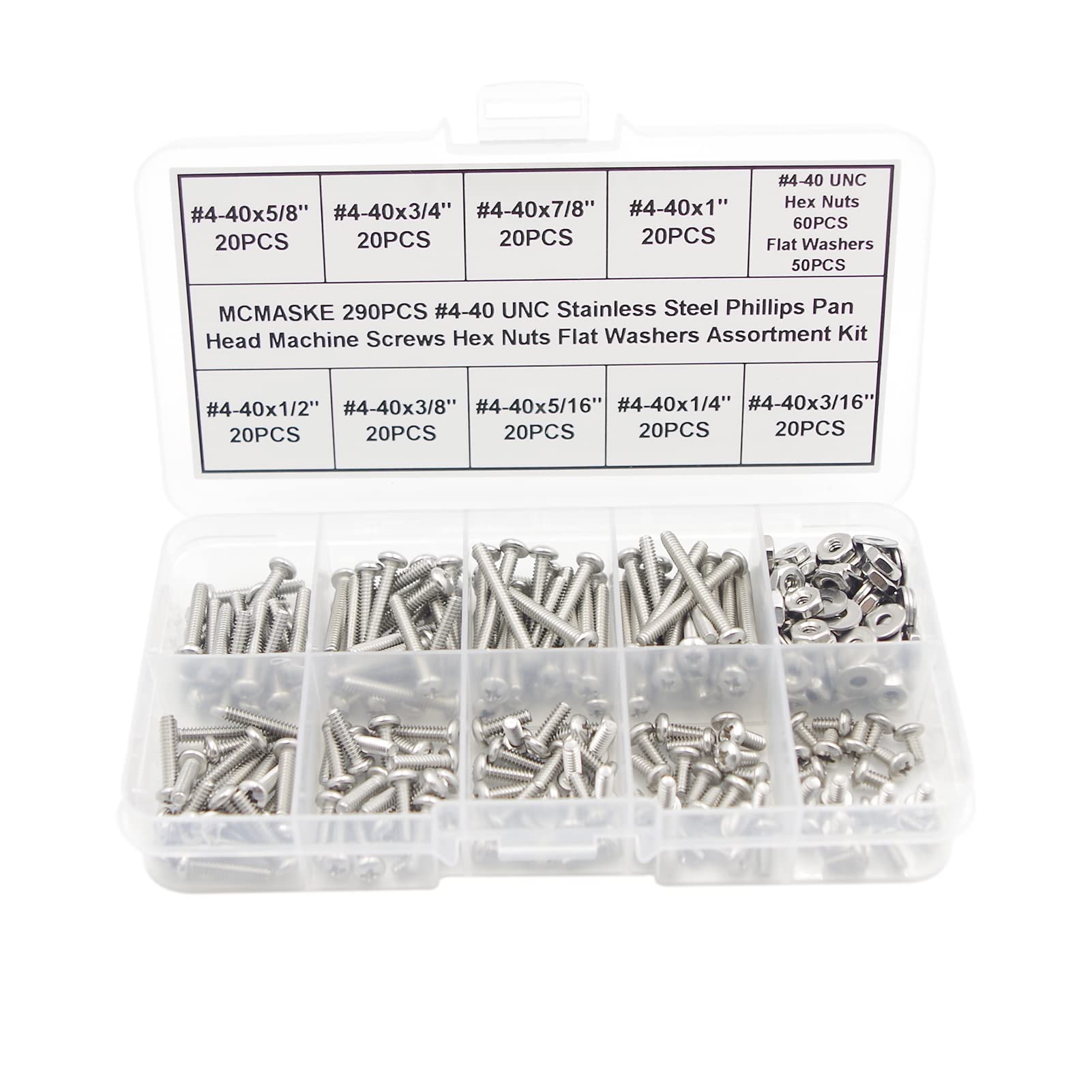 MCMASKE 290PCS #4-40 UNC Stainless Steel Phillips Pan Head Machine Screws Hex Nuts Flat Washers Assortment Kit
