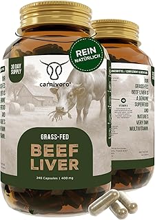 Carnivoro Rinderleber Kapseln - Multivitamin - Grass Fed Beef Liver - 240 Stück - 30 Tage Packung - Superfood - Natürliches Eisen, Vitamin A, Vitamin B12, B2, B3, B5, Folat, Kupfer - Keto - Paleo