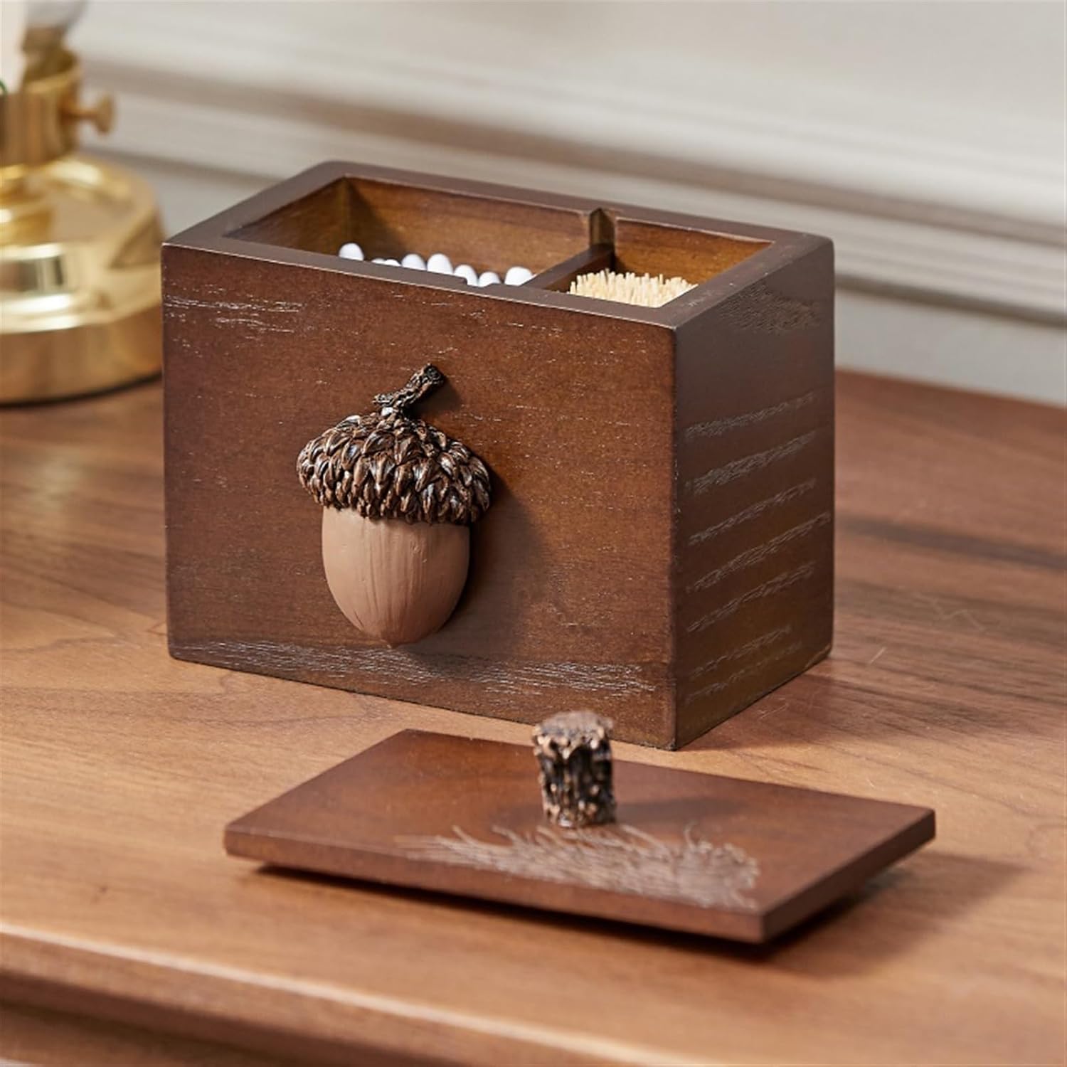 Creative Retro Wooden Toothpick Box with Cover and Compartment Storage Cotton Swab Box Toothpick Holder Toothpick Dispensers