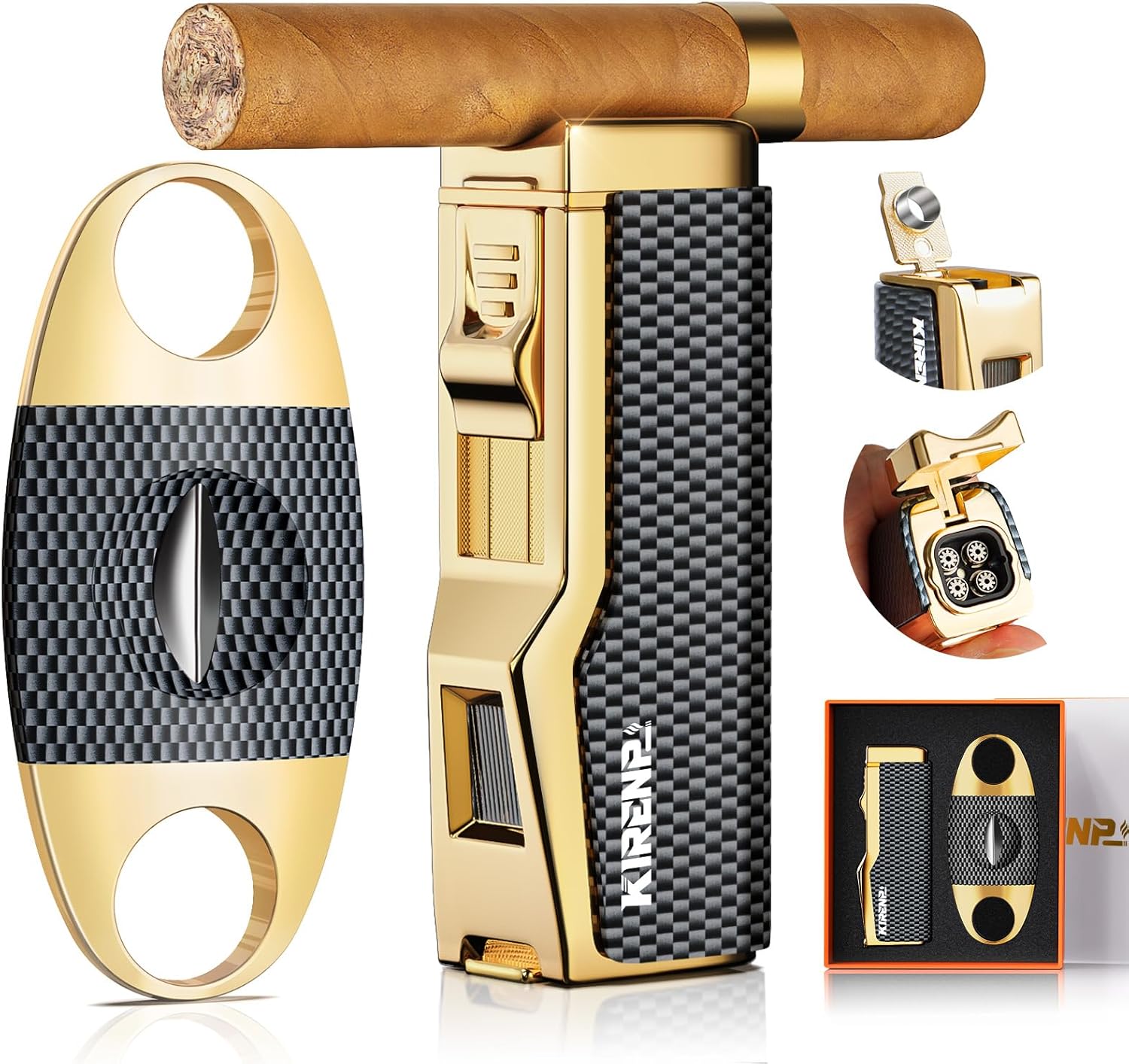 Kirenp Butane Torch Lighter and Cutter Set, with Quad Jet Flames (without Butane Fuel (Lighter & V Cutter Set), Carbon Fiber Gold