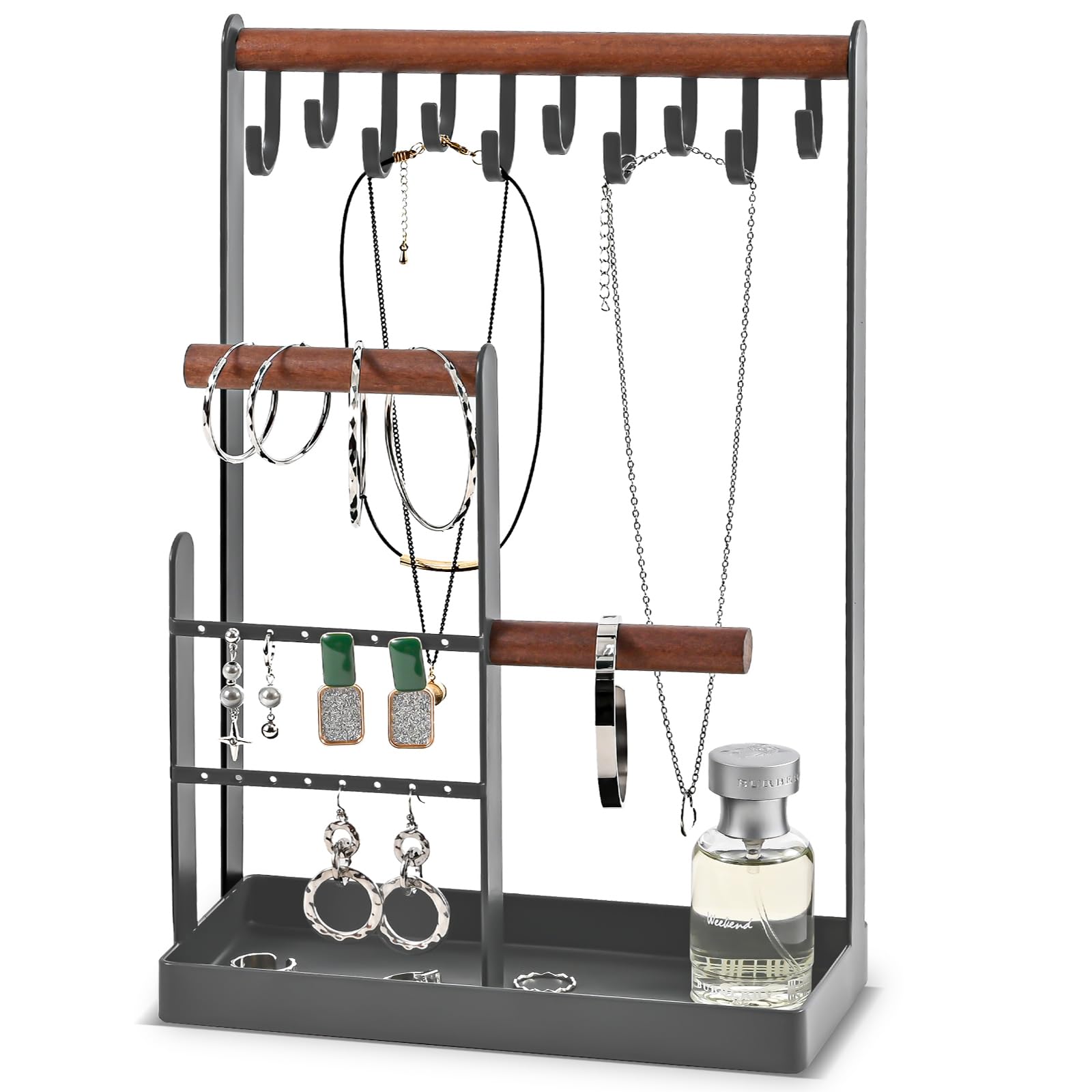 Procase Women's Grey Jewellery Organiser Jewellery Stand Holder, 4 Tiers Jewelry Stands Necklace Organizer Earring Holder, 10 Hooks Jewelry Tower Display For Bracelets Watches Rings Gifts For