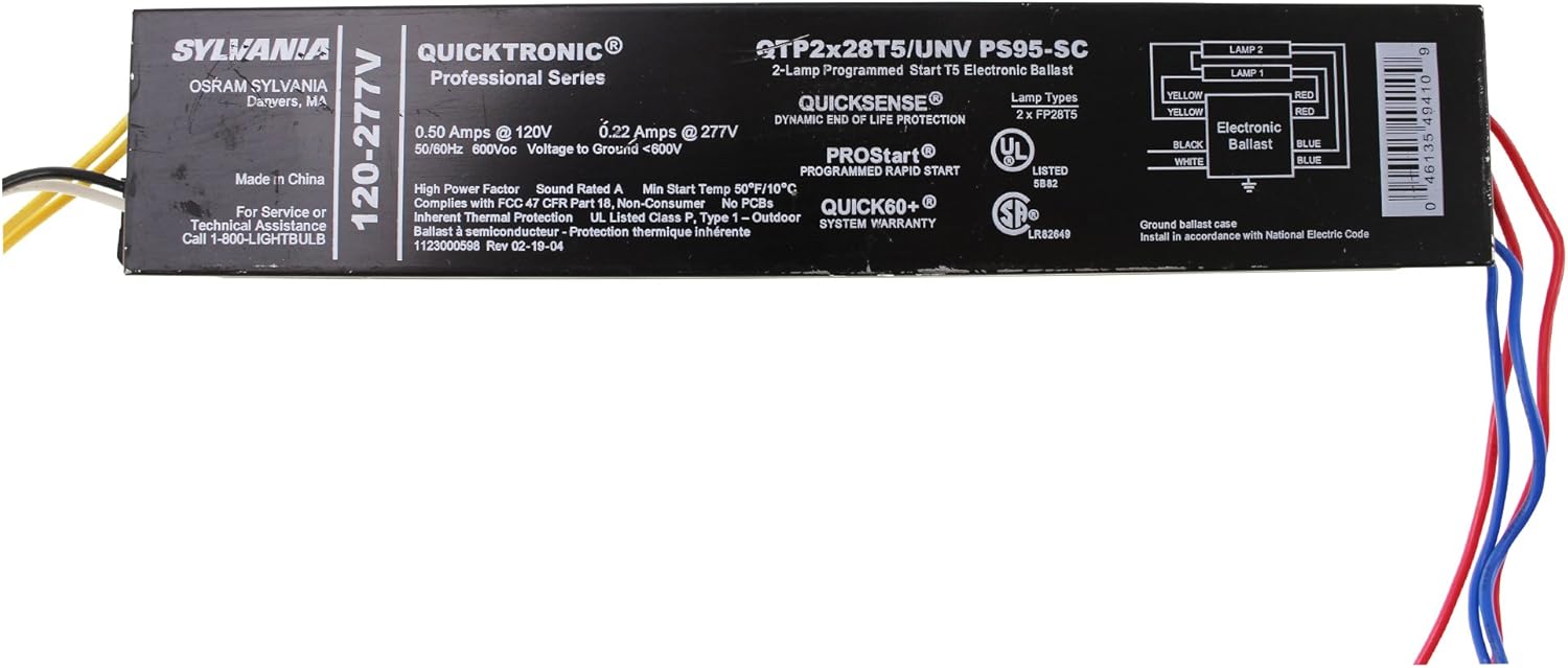 SYLVANIA QTP2X28T5/UNV/PS95/SC Fluorescent Ballast, 2 Lamp, 28W, T5, 120/277V