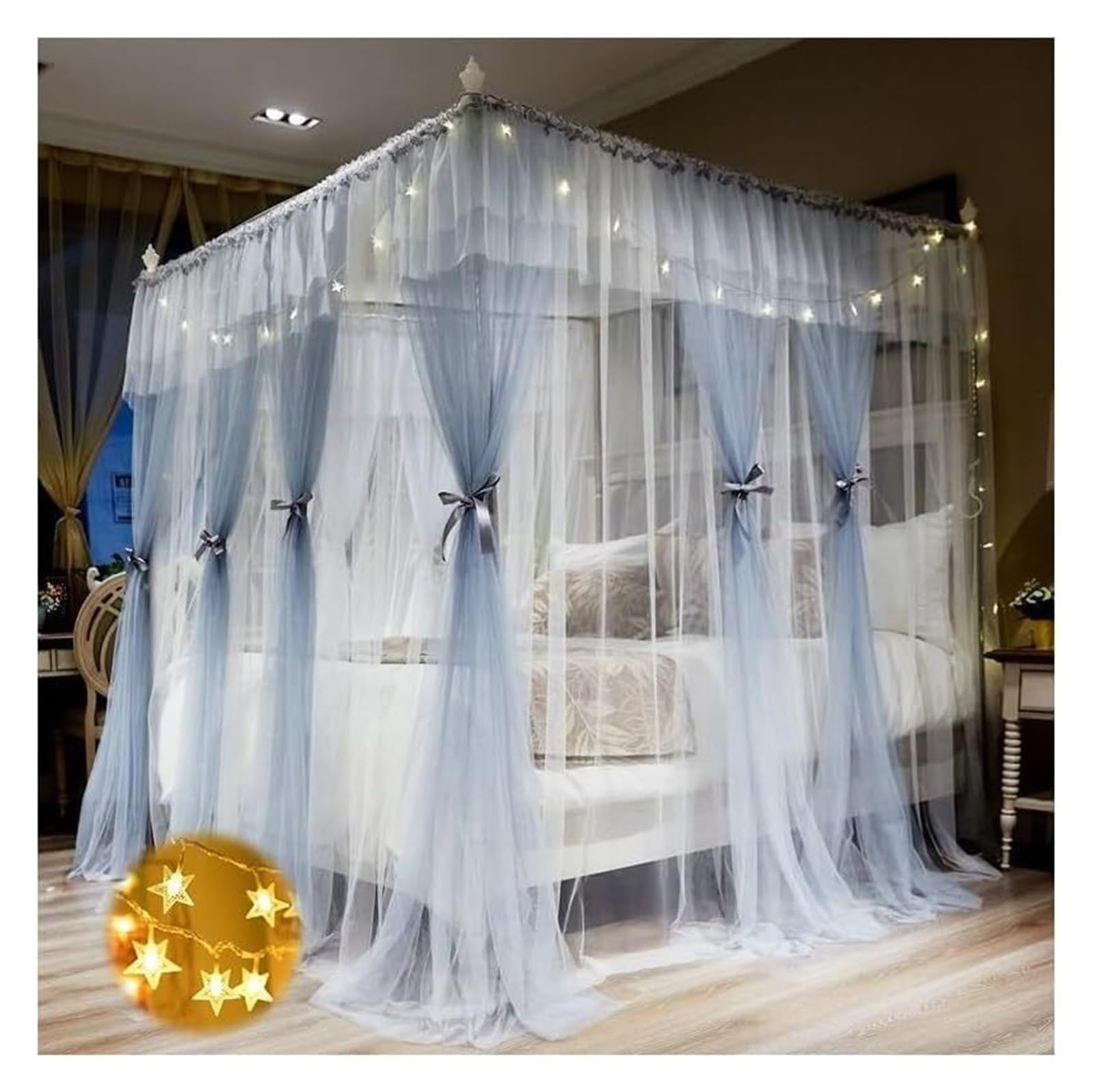 GTHTUHFD Palace Style Bed Netting Canopy E For Bedroom Stainless Steel Canopy Bed E For Bedroom Decoration 4 Corners Canopy Bed E Post Poles With Curtain,Blau-King