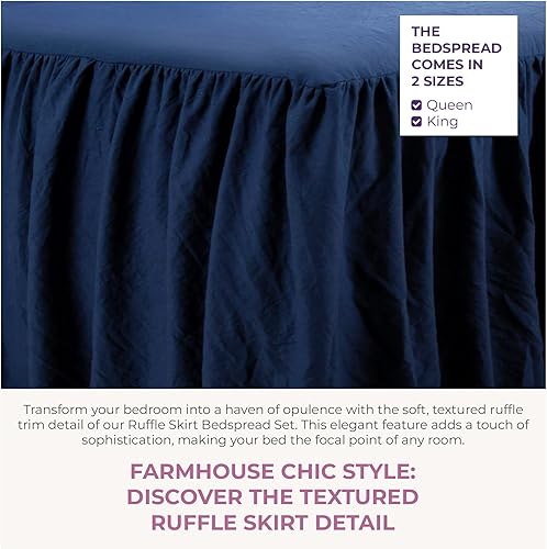 Miniatura 5 de Lush Decor Juego de 3 piezas de cubrecama con falda de volantes, estilo casa de campo y de época chic, ligero, tamaño King, azul marino