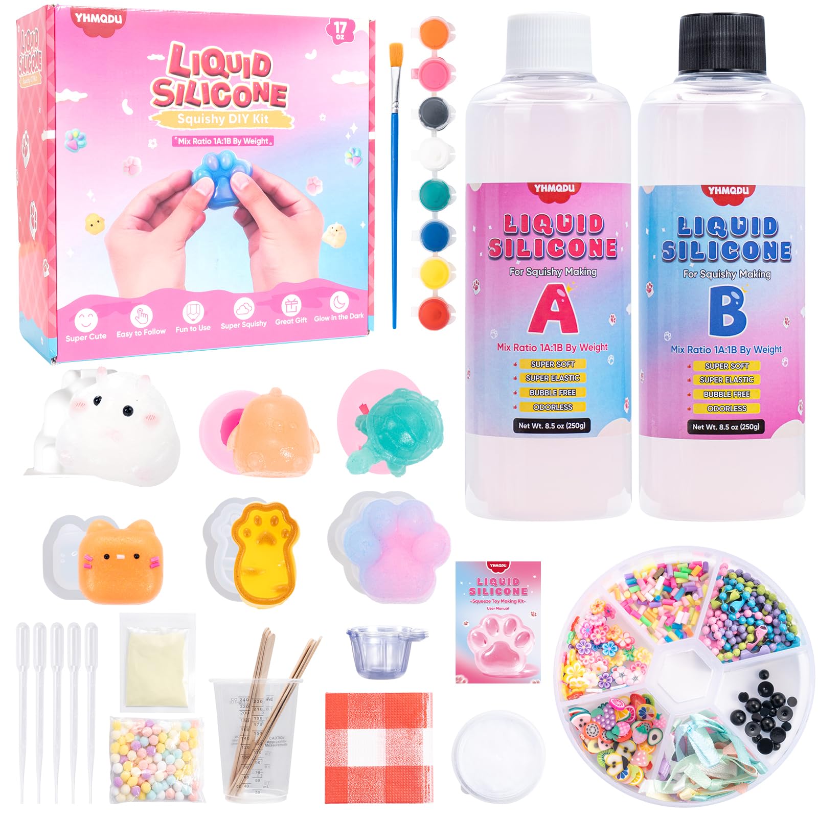 YHMQDU Taba Squishy Kit 17OZ - All-in-One DIY Squishy Maker Kit with 6 Cute Molds, Bubble Free,Fast Cure Flex Rubber, Flocking Powder, Guide - Stress Relief Gifts for Family,Friends