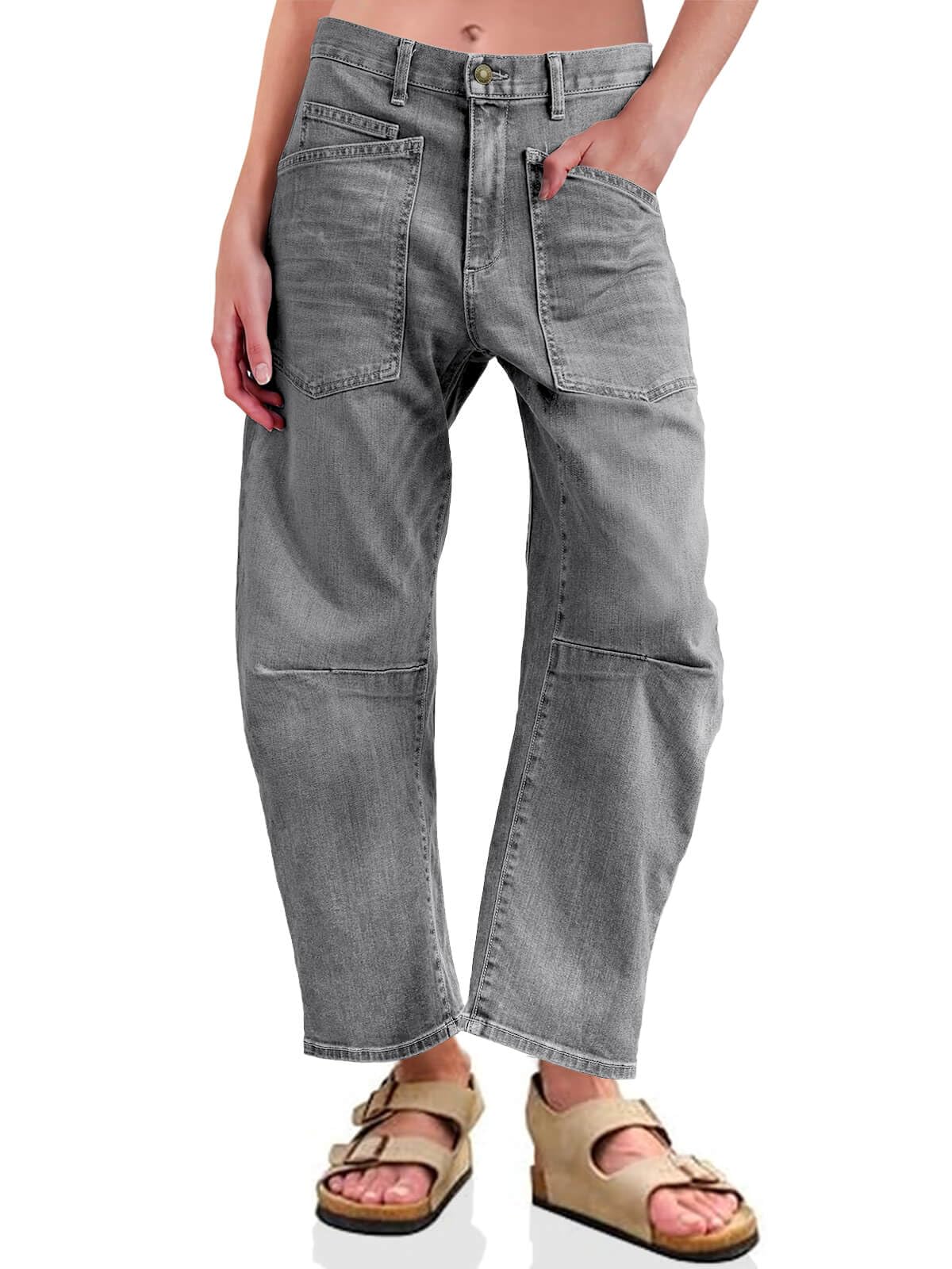 PLNOTME Womens Baggy Barrel Horseshoe Jeans High Waisted Wide Leg Vintage Denim Pants with Front Pockets