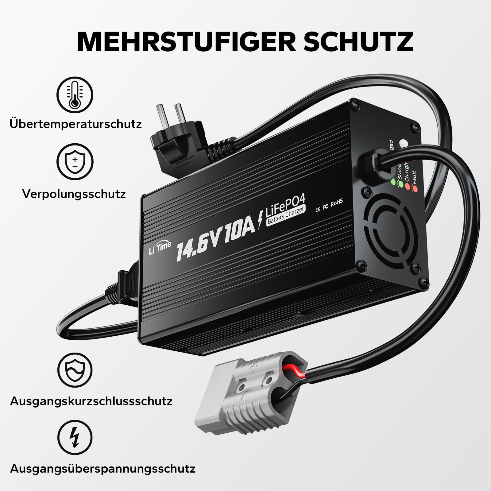 LiTime 12V 10A Batterieladegerät, 14,6V AC-DC LiFePO4 Lithium-Batterie-Ladegerät mit Anderson-Anschluss LED-Anzeige Ladegerät speziell für Deep-Cycle-Akkus für Womos, Häuser, Insel- & Solaranlagen