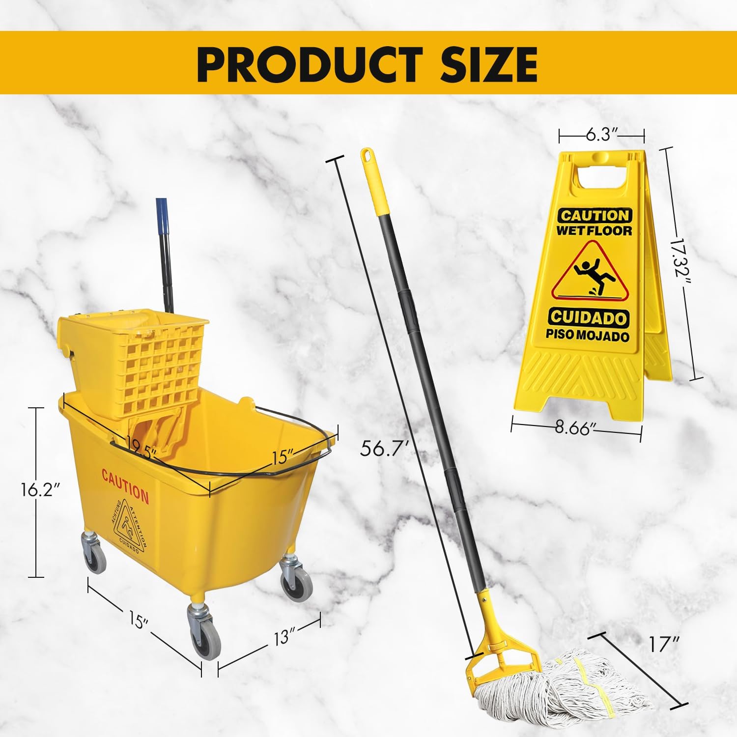 KULED Commercial Mop Bucket with Side Press Wringer, Including Wet Floor Caution Sign and One Industrial Mop with 2 Mop Heads, for Floor Cleaning and Mopping, 38 Quart, Yellow