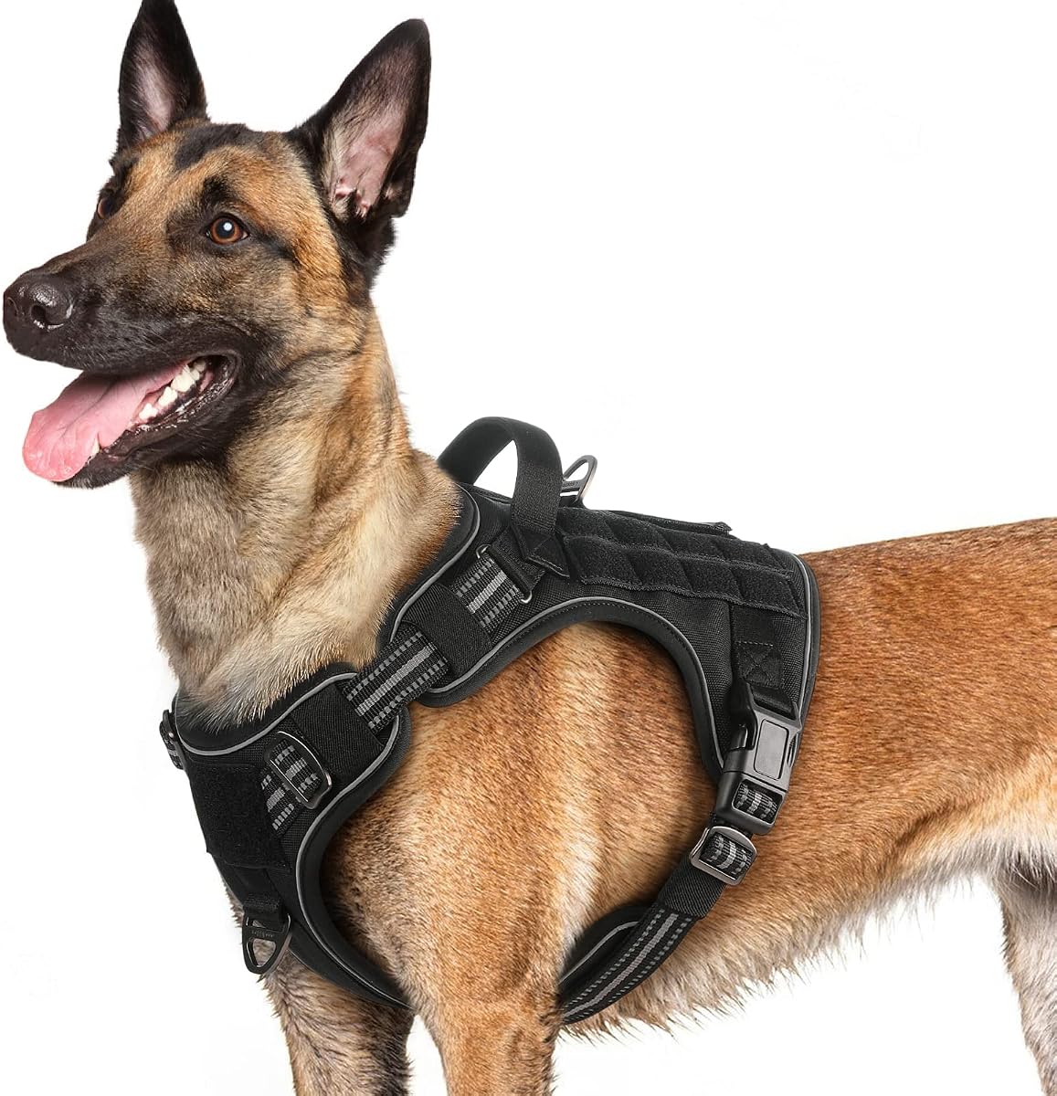 rabbitgoo Tactical Dog Harness for Large Dogs, No Pull Service Pet Vest | Military Molle System & Easy Control Handle, Adjustable and Reflective for Walking and Training, Black, Large