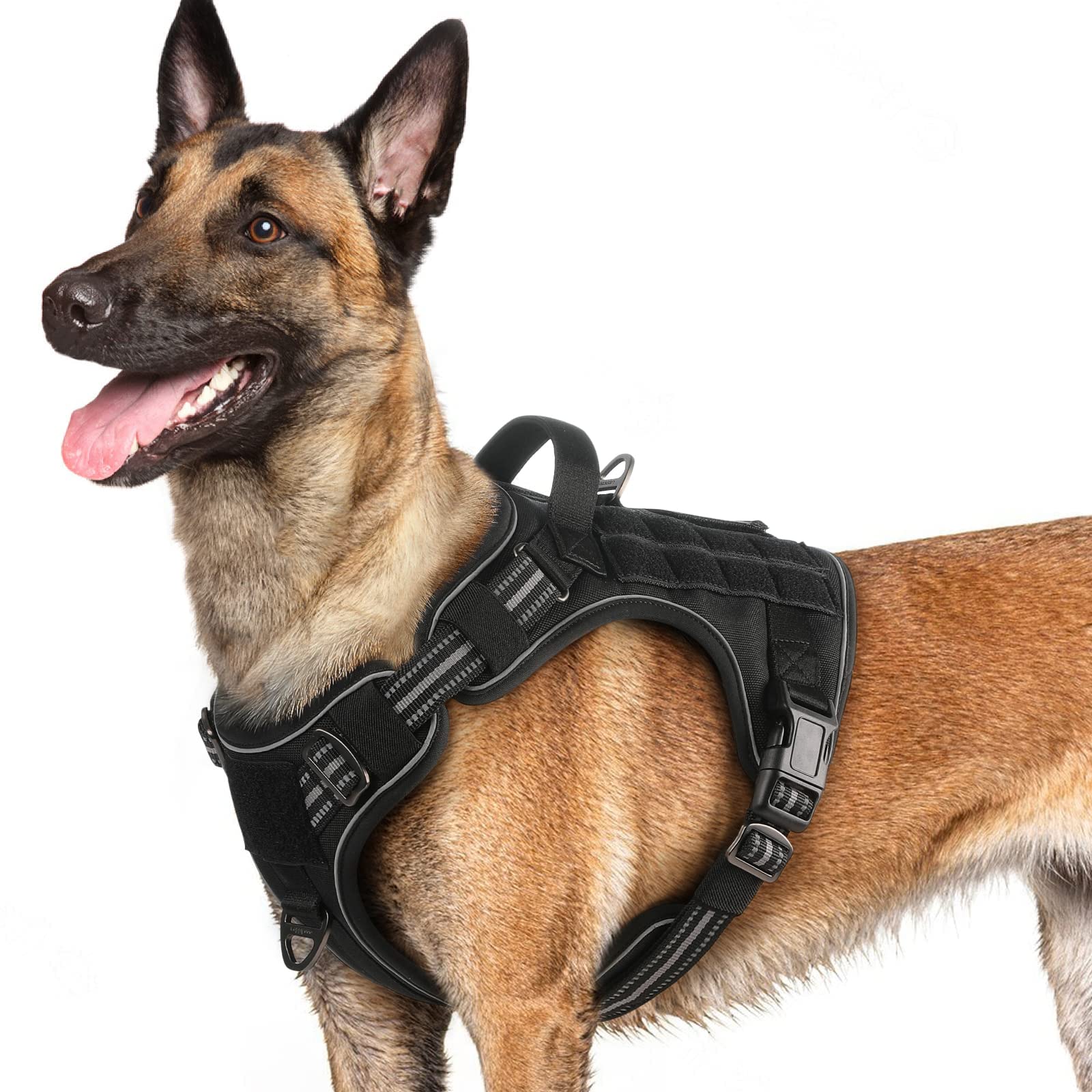 Dog Harness for Large Dogs No Pull, Tactical Service Pet Vest with Molle and Control Handle, Adjustable and Reflective Military Harness for Easy Walking and Training, Black, L