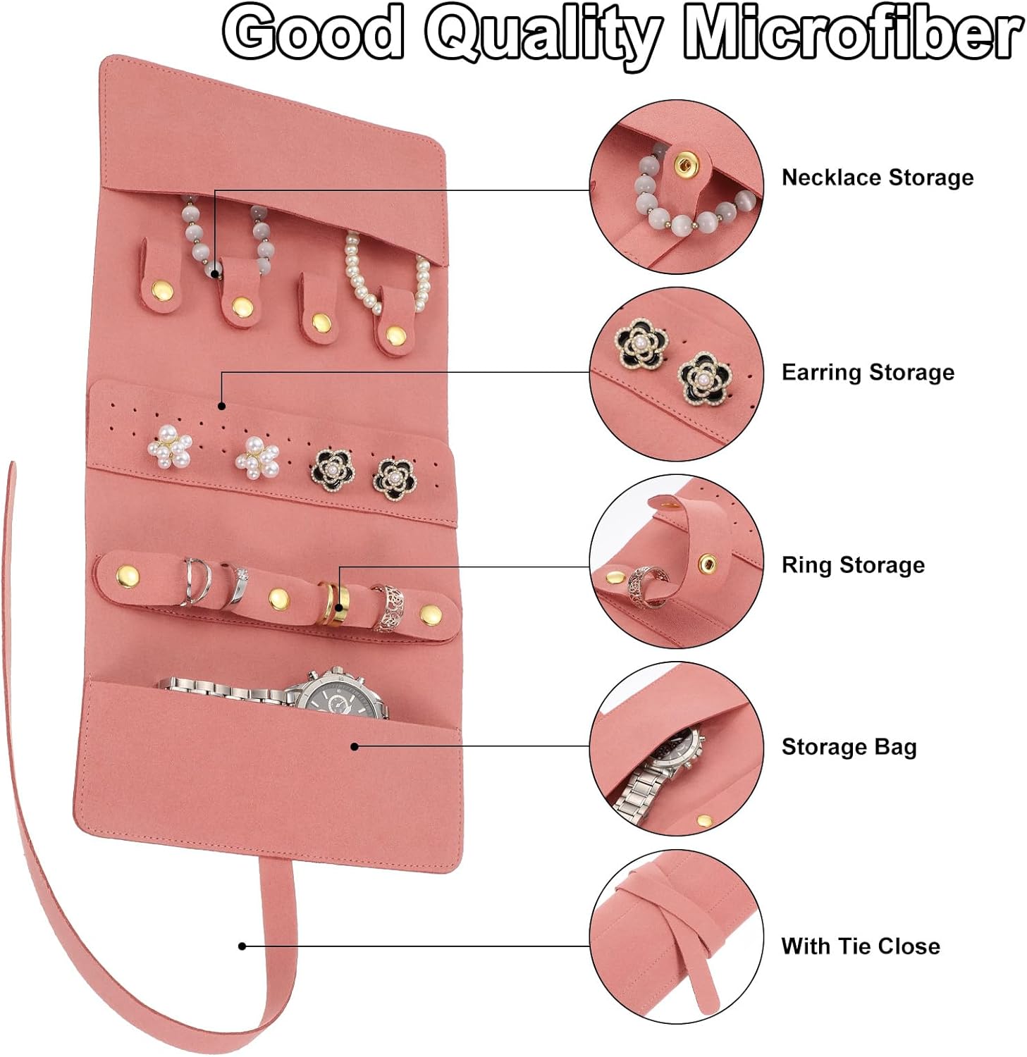 uxcell Travel Jewelry Bag Roll, Foldable Jewelry Travel Organizer with Tie Close Microfiber Jewelry Storage Roll Jewelry Case for Women Gift Necklaces Earrings Rings Bracelets, Pink