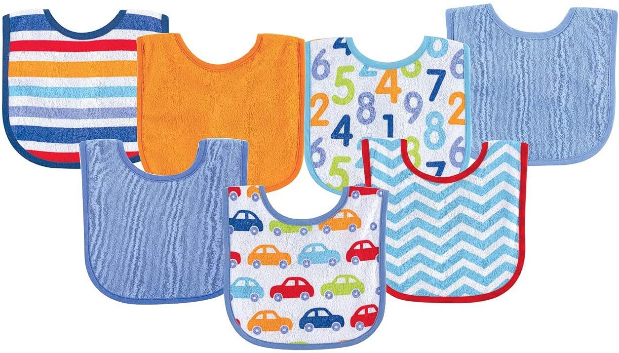 Luvable Friends Baby Cotton Terry Drooler Bibs with PEVA Back, Transportation, One Size
