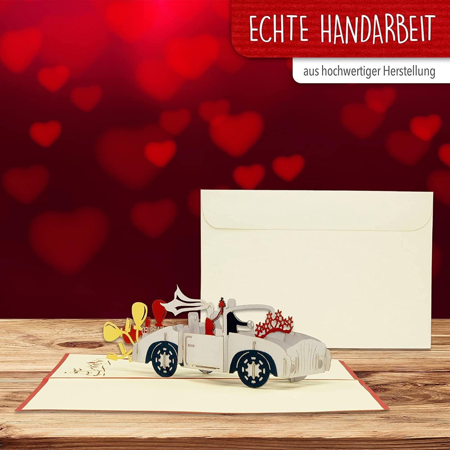 Biglietto Pop-Up Matrimonio 3D Con Auto Di Sposi | Cartolina Auguri Con Busta Fai Da Te