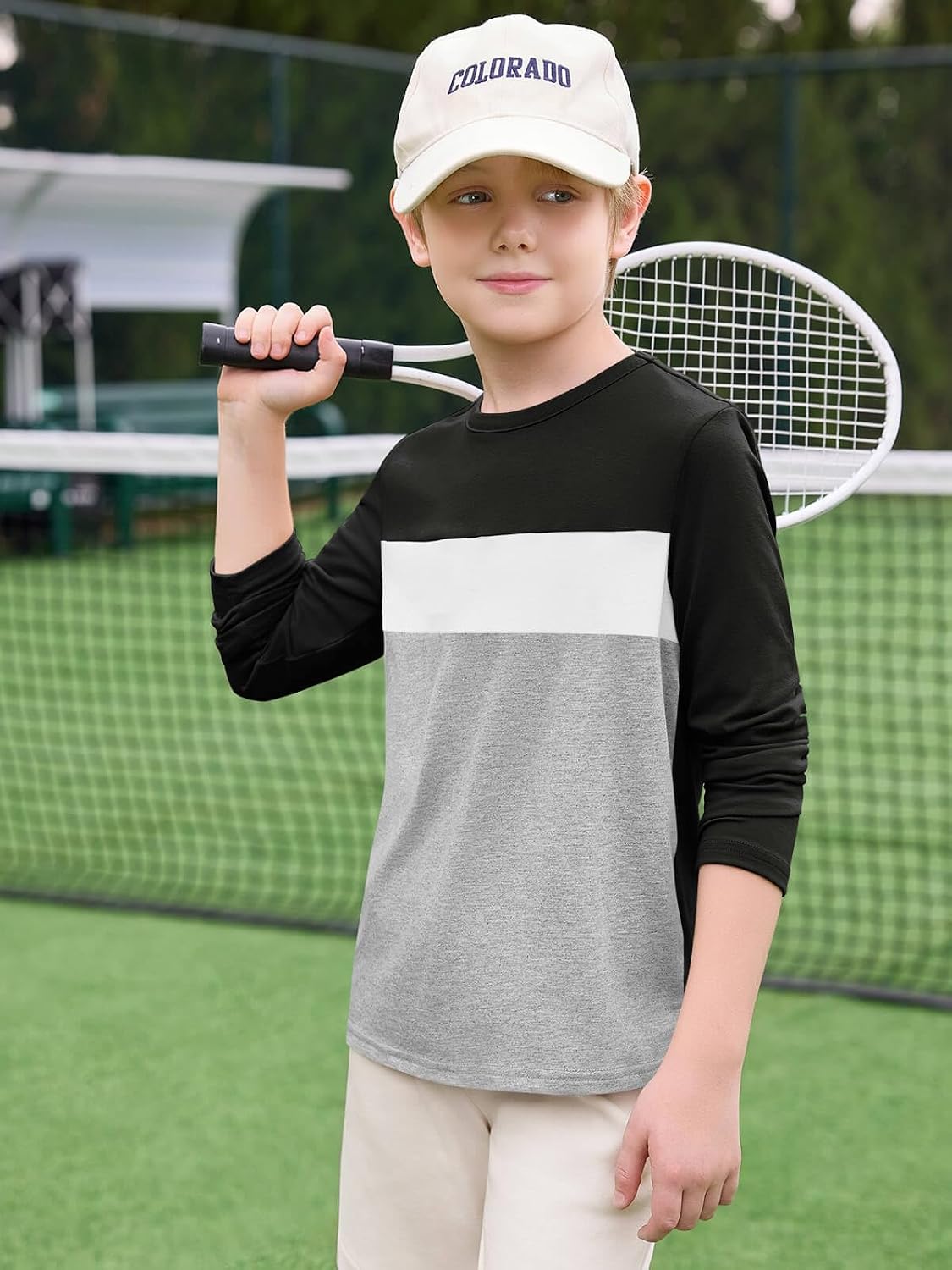 Haloumoning Boys Long Sleeve Shirts Kids Fashion Fall Tops Crewneck Color Block Tees 5-14Y