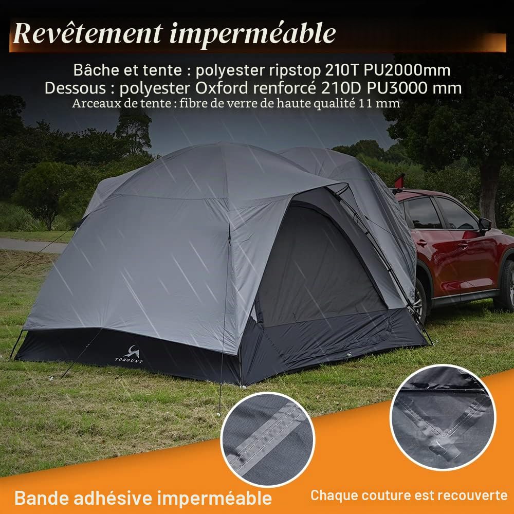 TOMOUNT Tente arrière étanche pour voiture, tente de camping, 3 x 3 x 2,1 m, pour 4 personnes, tente familiale pour trekking, camping, plein air, randonnée