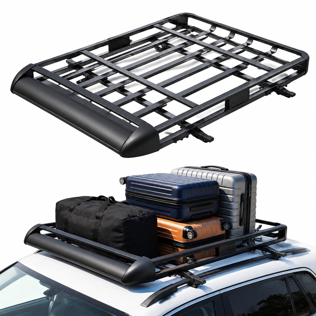 Barre portapacchi universali per auto, in alluminio, per SUV, pick-up, colore nero | Cestino portabagagli con deflettore antivento per viaggi e campeggio, portata massima di 68 kg