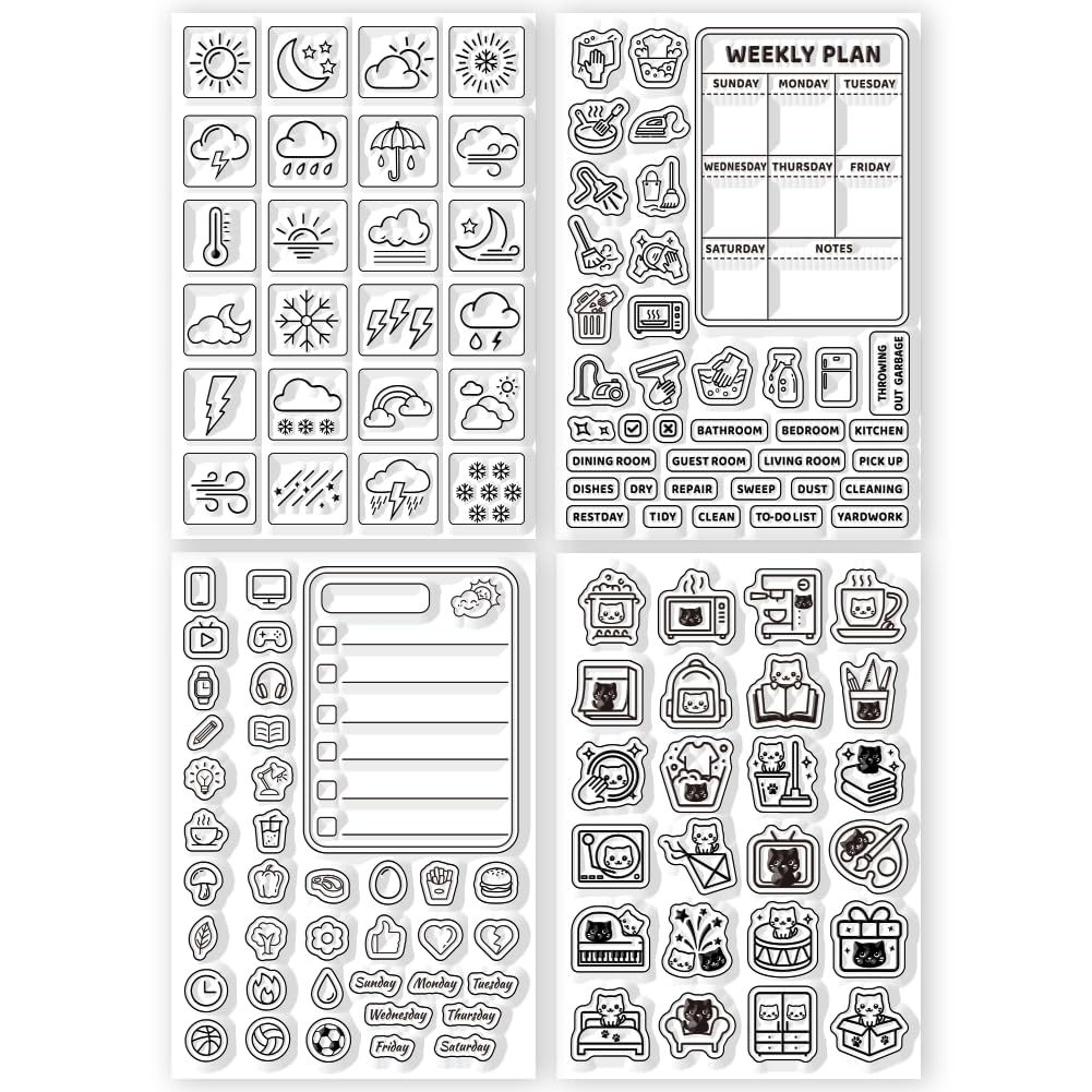CHGCRAFT 4 Hojas 4 Estilos Iconos del Clima Diario Sellos Transparentes Tabla de Horarios Sello de Silicona para Álbumes de Recortes DIY y Elaboración de Tarjetas Decoración de Manualidades de Papel
