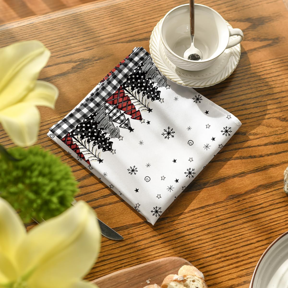 Horaldaily Christmas Cloth Napkins 18 x 18 Inch, Christmas Trees Buffalo Plaid Black Party Dinner Decoration Washable Napkins Set of 12