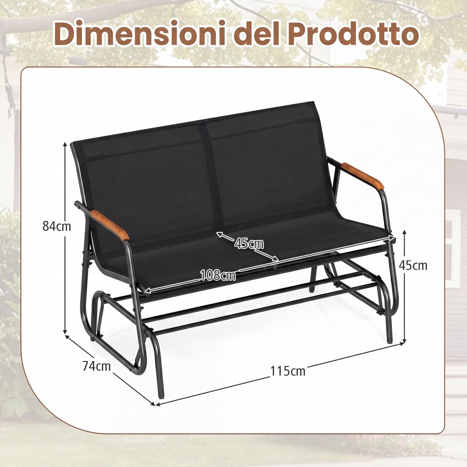 COSTWAY Panca a Dondolo da Esterno, Panchina a 2/3 Posti da Giardino con Movimento Oscillante, Braccioli Curvi in Legno, Sedia a Dondolo per Veranda, Giardino, Portata 300KG/450KG (Nero, 2 Posti)