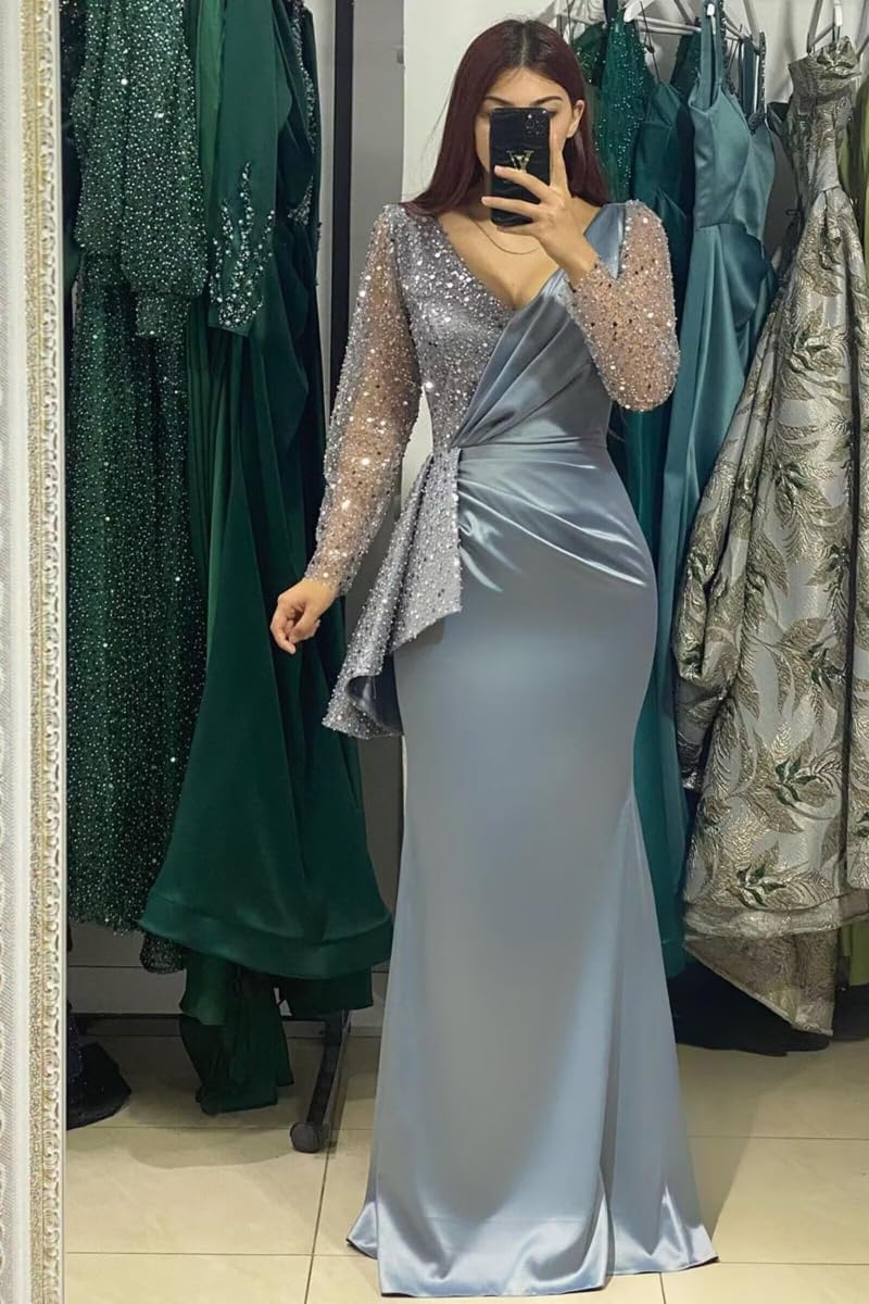 Long Sleeve Prom Dresses for Women 2025 Sparkly Satin Sequin Formal Ball Dress Mermaid Evening Party Gowns