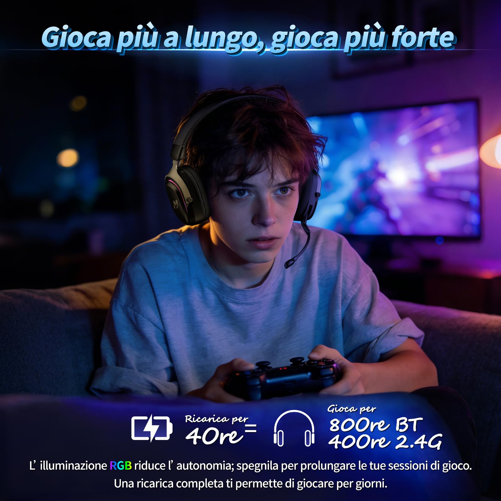 MANKIW Cuffie Gaming Wireless per PS5/PS4/PC/Switch, 2.4G & Bluetooth 6.0, Cuffie Wireless con Surround Sound 7.1, Microfono Noise Cancelling, RGB, Batteria 60+ Ore, Driver da 50 mm