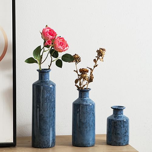 Miniatura 5 de Kimdio Juego de jarrones de cerámica azul, 3 jarrones azules, jarrón moderno de granja, detalles de decoración del hogar, jarrones de arcilla de