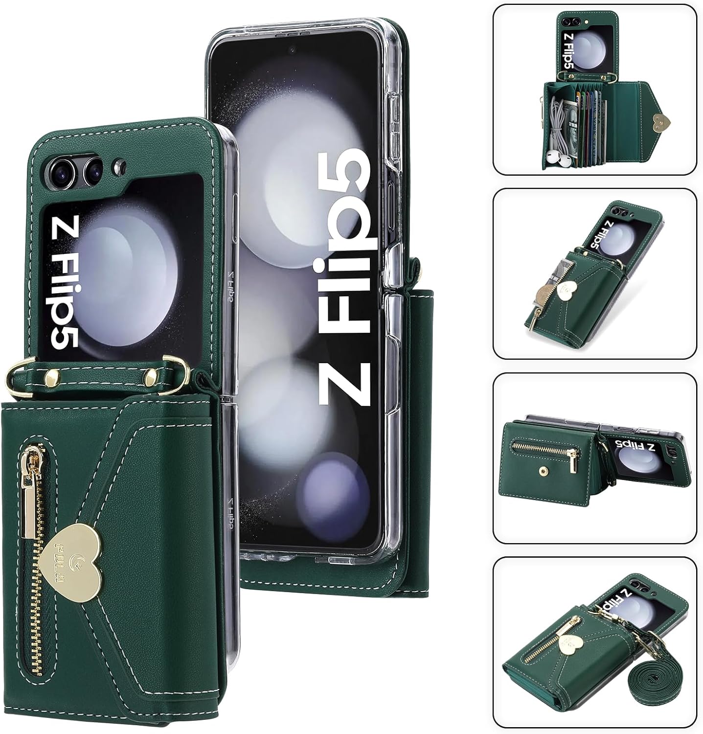 Women Wallet Purse for Samsung Galaxy Z Flip 5 5G Case Crossbody with Credit Card Holder Strap Lanyard Kickstand Flip Leather Zipper (Green, Z Flip 5)