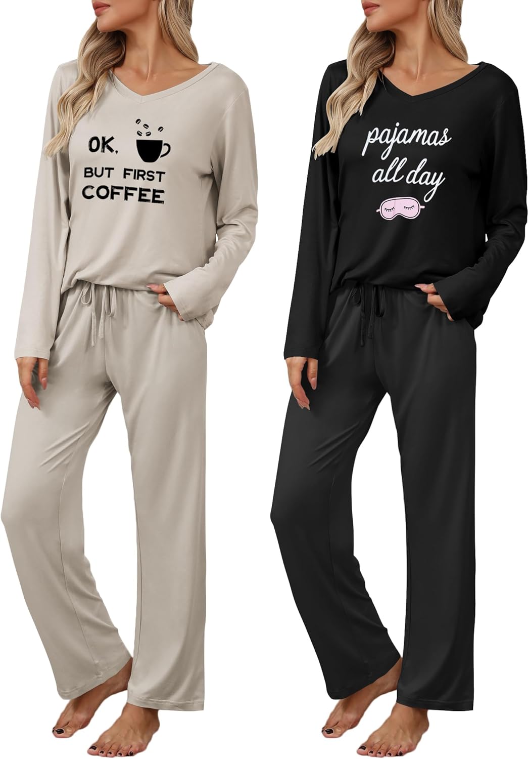 Ekouaer Womens 2 Pack Pajama Set Long Sleeve Pajamas Top and Pants V Neck Pjs Set Soft Loungewear with Pockets