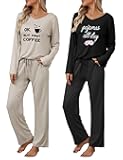 Womens 2 Pack Pajama Set Long Sleeve Pajamas Top and Pants V Neck Pjs Set Soft Loungewear with Pockets