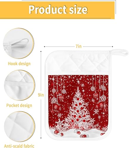 Miniatura 3 de Christmas Tree 3Pcs Pot Holders for Kitchen, Non Slip & Heat Insulation Terry Cloth Potholder Set with Pocket, Thick Hot Pad Oven Mitts Trivet