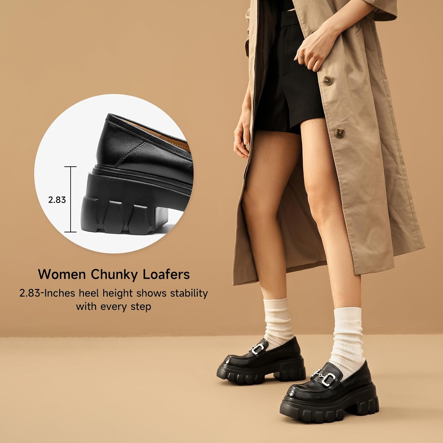 EAU Today Platform Loafers for Women,Leather Chunky Loafers for Women,Heel Lug Sole Slip-on Breathable Horsebit Non-Slip Shoes for Work Business Casual Black US 6 - Image 2