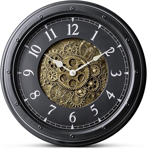 Reloj de pared con engranajes móviles, reloj steampunk industrial vintage de 16 pulgadas, silencioso sin tictac, marco retro, analógico, funciona