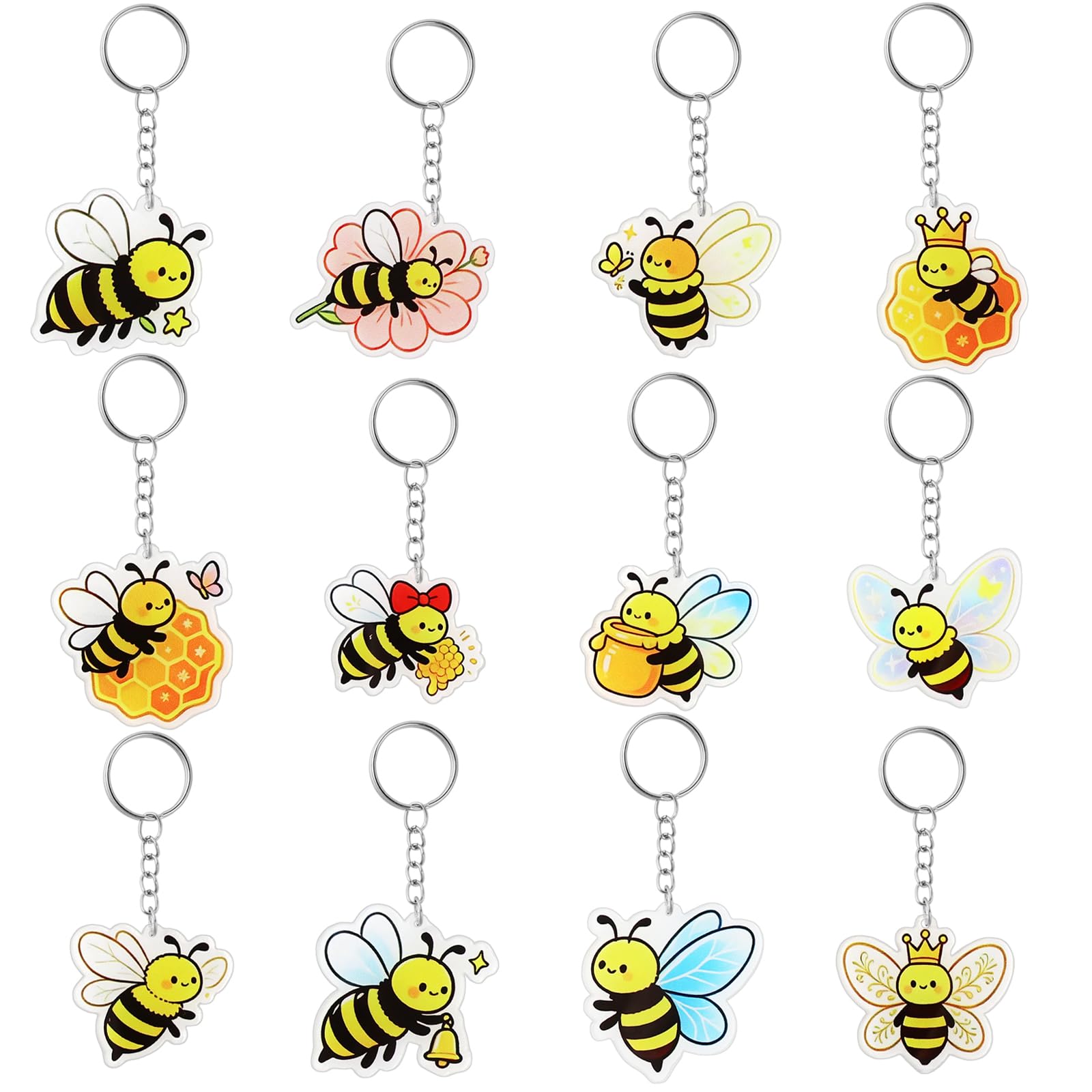 Neexdlex 36PCS Cute Bee Keychains Bulk, 12 Styles Kawaii Honey Bee Acrylic Key Rings, Bumblebee Bag Charms, Bee Themed Party Favors for Birthday Classroom Decor Supplies