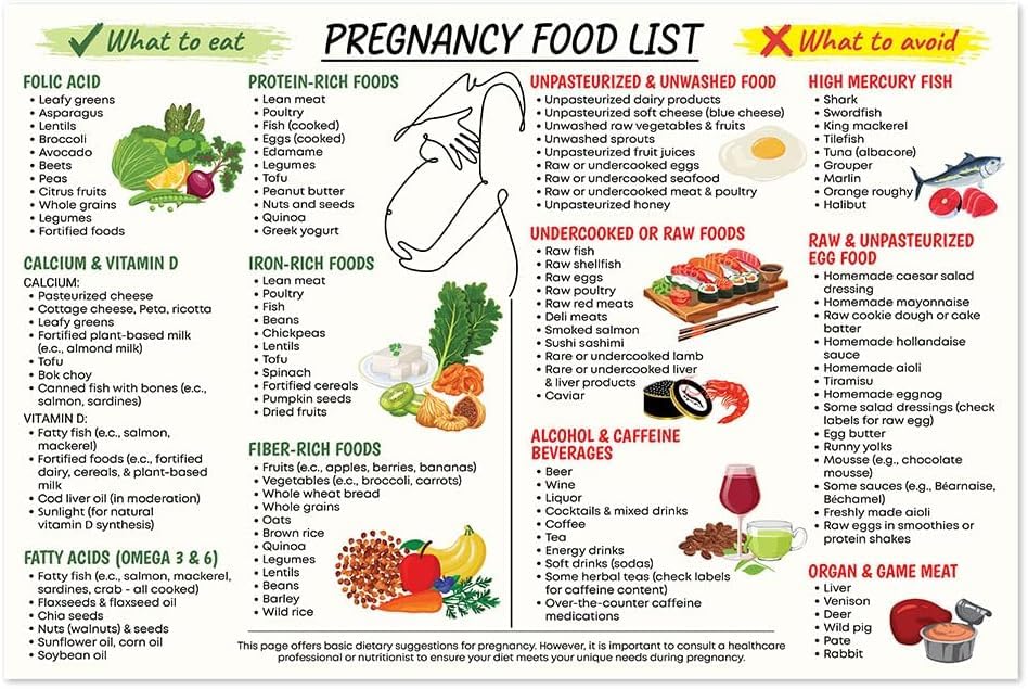 Pregnancy Food List Poster, Pregnancy Food Chart, Pregnancy Food Quick Guide, Friendly Food for Prenancy, Grocery Food List - Metal Tin Sign 8x12 Inches