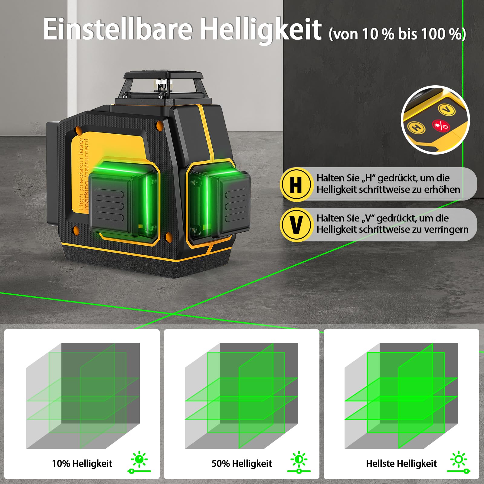 Nivel Laser 360 Autonivelante, 3x360° (hasta 37 horas) Nivel Láser Verdes, 12 Líneas Nivelador Laser, Recargable, Brillo ajustable, Control remoto, Conmutable, Para Uso Doméstico y Exterior