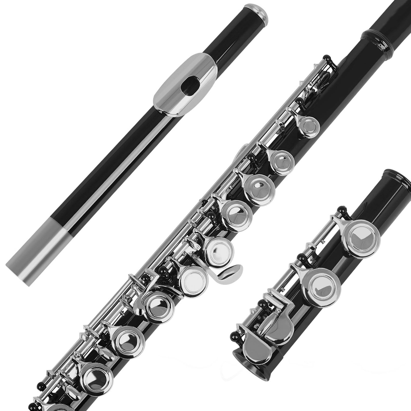 HUIOP flûte, Flûte de Concert Occidentale Cupronickel plaqué Nickel 16 Trous Clé C Instrument à Vent avec Chiffon de Nettoyage Gants de bâton Mini Tournevis Étui rembourré,Flûte,flûte