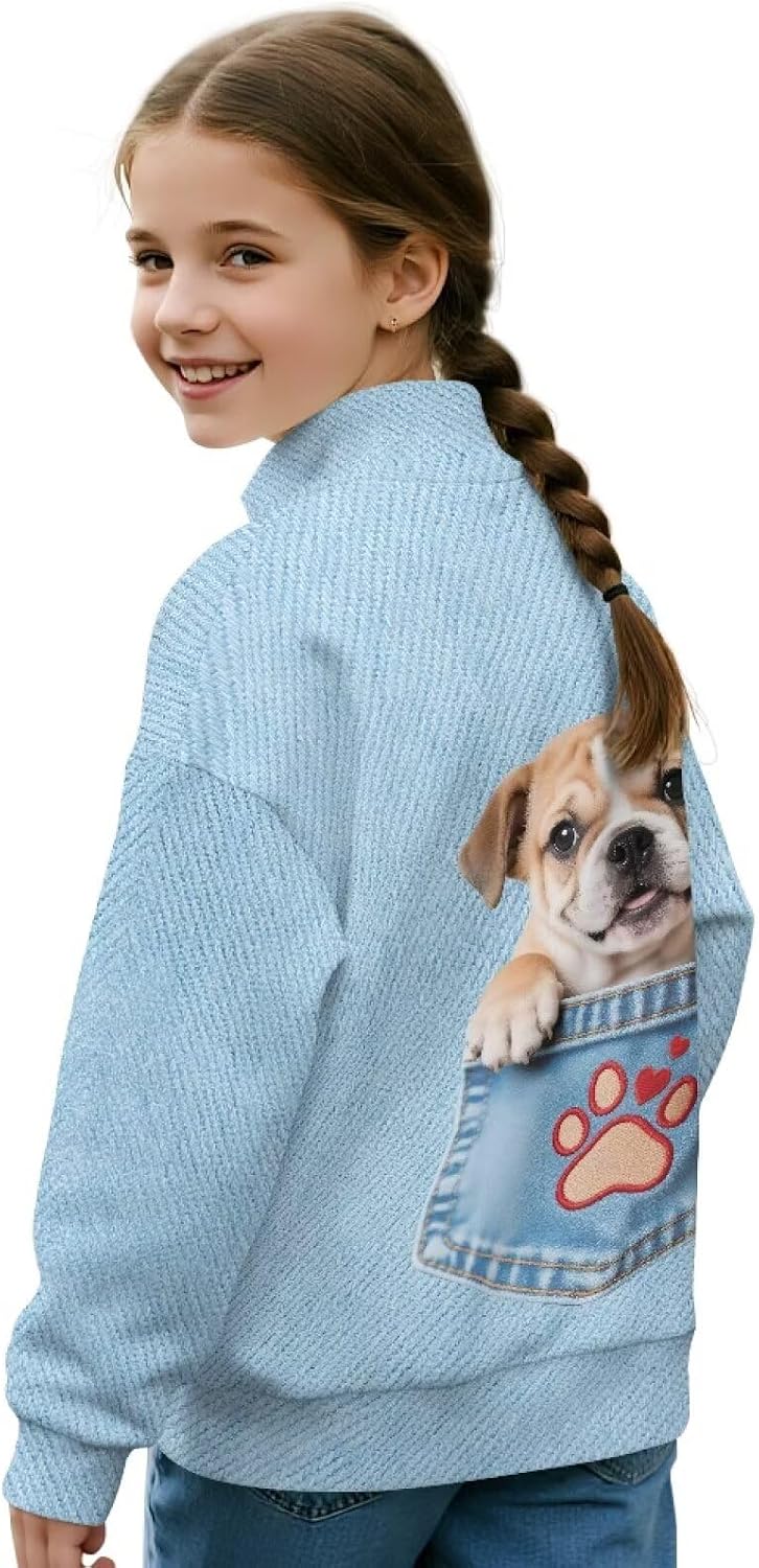 Xoenoiee Girls Half Zip Sweatshirt Long Sleeve Pullover Tops Oversized 3D Graphic Sweater Kids Fall Winter Clothes 5-14Y