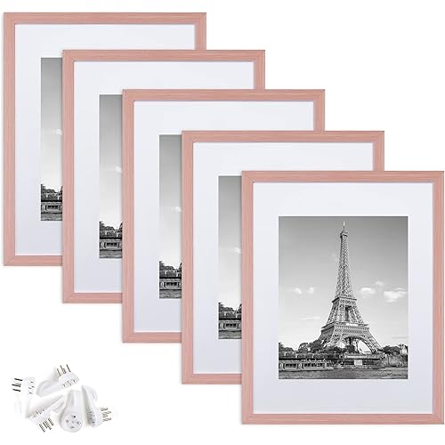 upsimples 11x14 Picture Frame Set of 5, Display Pictures 8x10 with Mat or 11x14 Without Mat,Wall Gallery Photo Frames, Pink