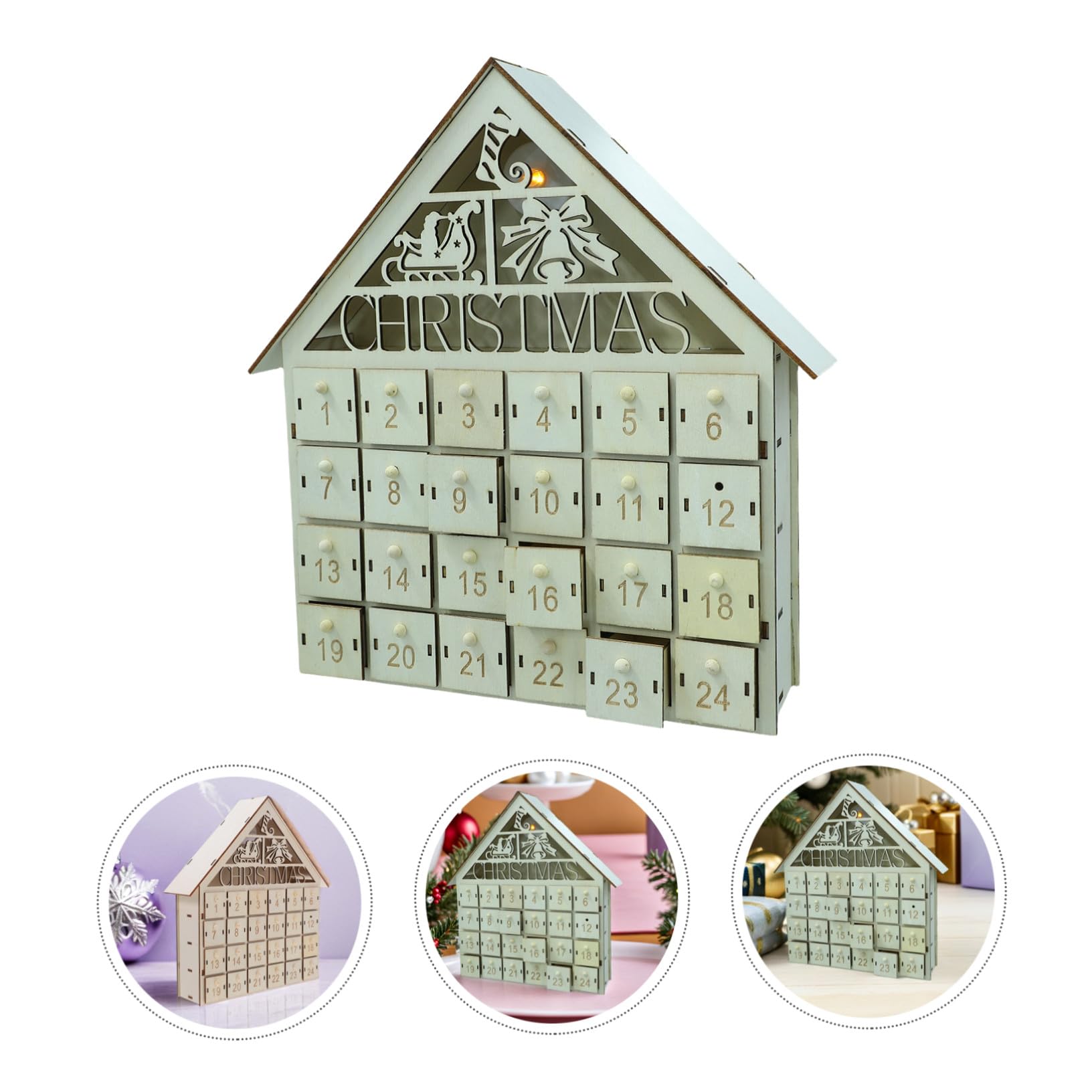 SOLUSTRE Led-adventskalender aus Holz mit Beleuchteter Countdown-kalender bis Weihnachten Wiederverwendbarer Weihnachtskalender mit Hölzernem Weihnachtshäuschen für Familie und Dekoration