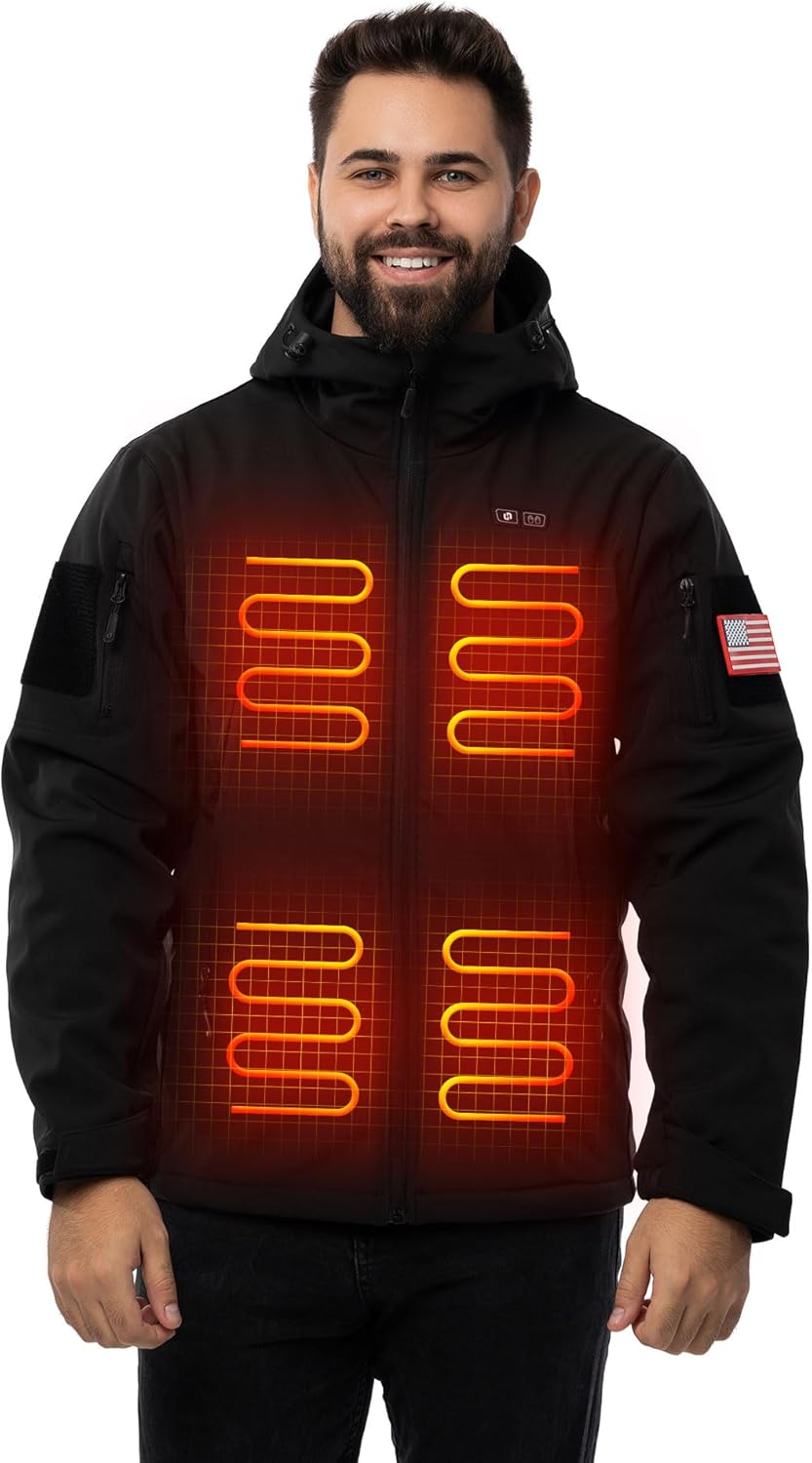 HENNCHEE Heated Jackets for Men with 12V 16000mAh Battery Pack, Waterproof Electric Heating Coat Windproof Soft Shell Jacket L