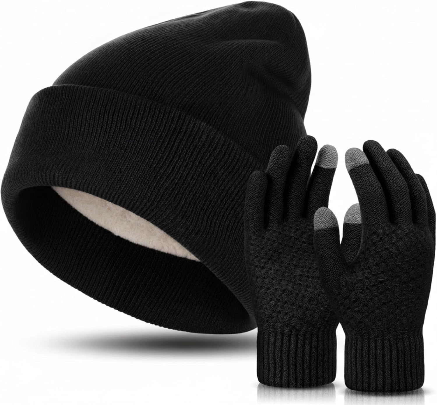 Fleece-Lined Beanie & Touchscreen Gloves Set for Cozy Winter Wear