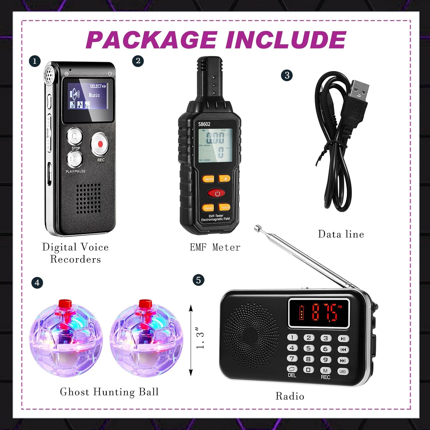 dunzy 5 pcs ghost hunting equipment kit ghost hunting box with 1 emf meter 2 led balls and 1 digital voice recorder paranormal equipment emf meter detector for home outdoor