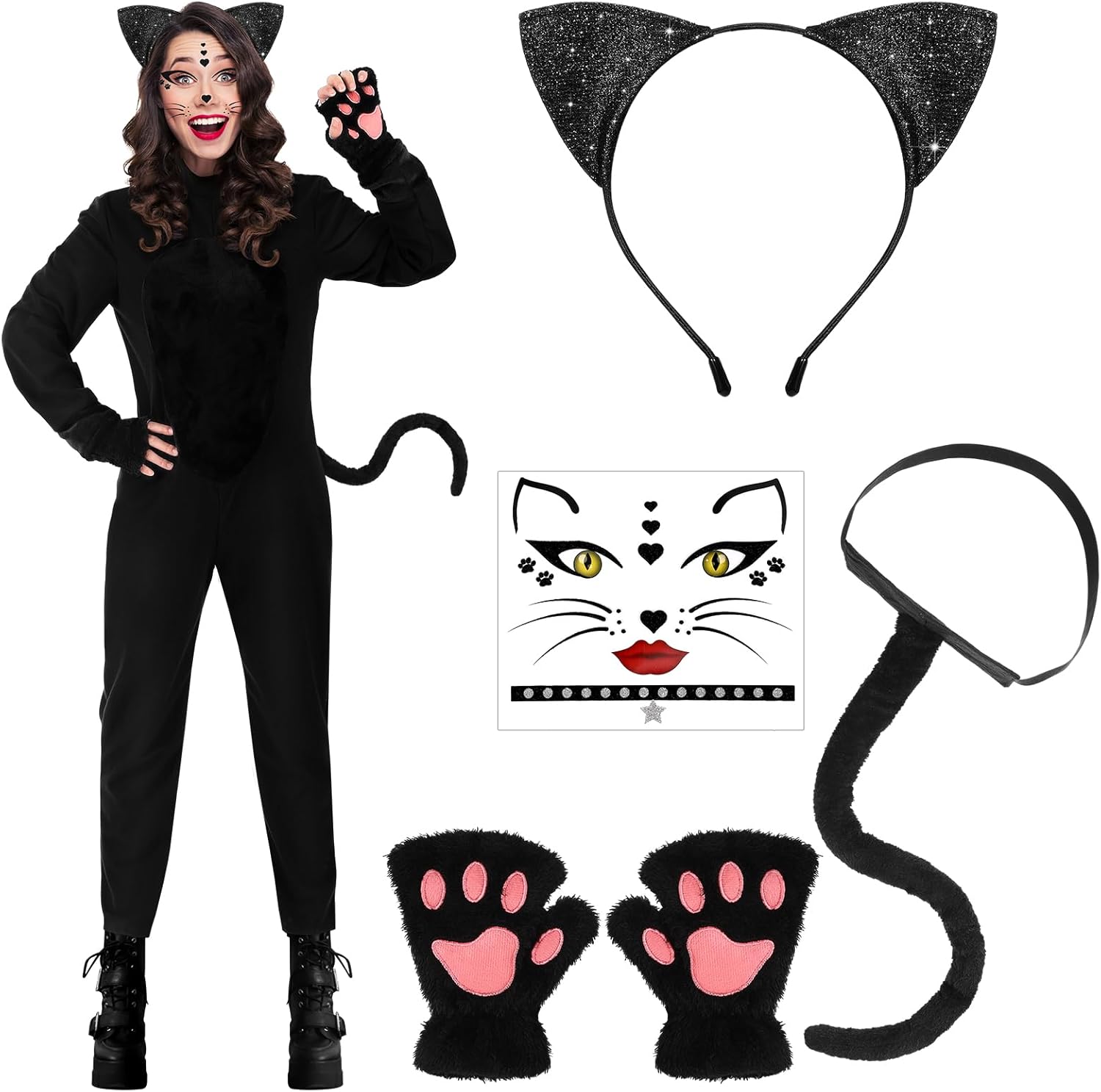 Ramede 5 Pcs Halloween Cat Costume for Woman Black Cat Costume with Gloves Headband Tail Stickers for Woman Adult, One Size