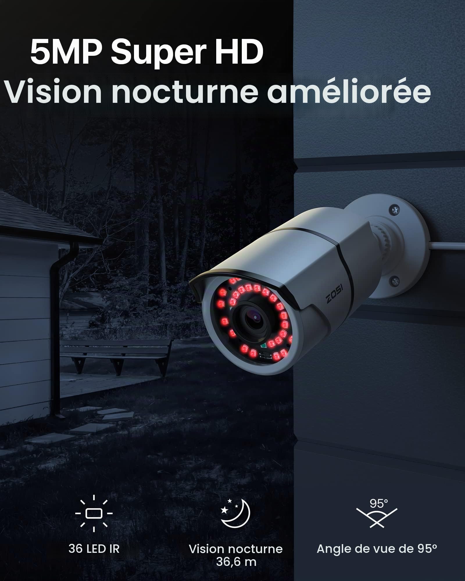 ZOSI ZG2615E Caméra IP PoE 5 MP avec vision nocturne pour intérieur et extérieur Système de surveillance Alimentation par Ethernet Fonctionne uniquement avec ZOSI PoE NVR, ZR16DK, ZR08EN, ZR08DN,