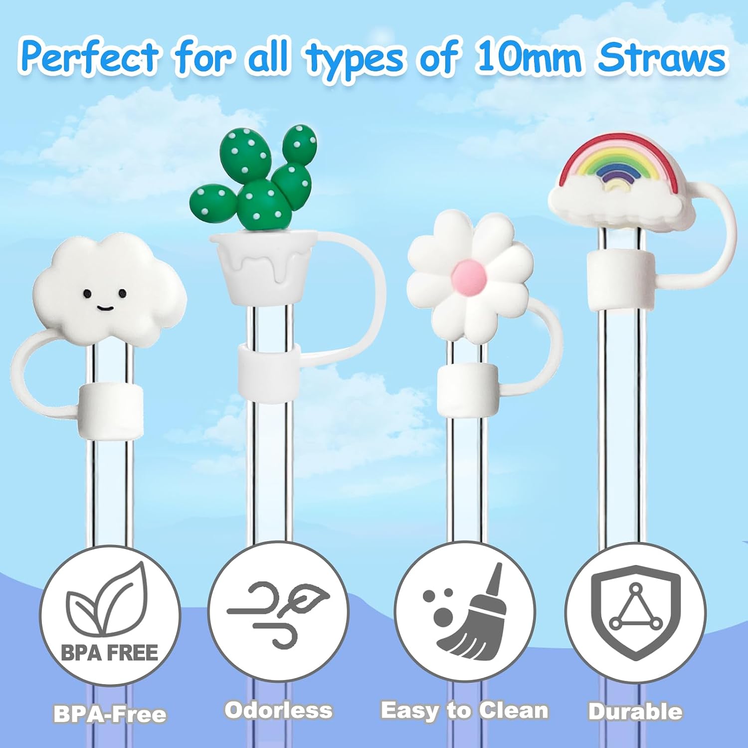 2Pcs 10mm Straw Covers for Stanley Cup 30&40 Oz, Rainbow Cactus Silicone Straw Toppers with 2Pcs Personalized Charm Accessories with Chains (2+2)