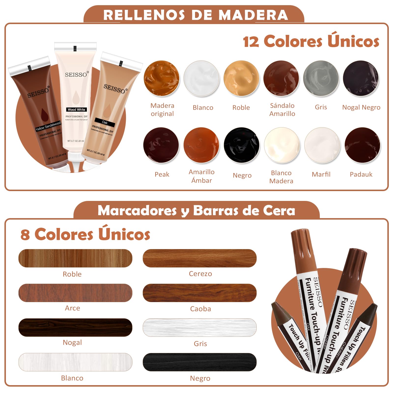 SEISSO Wood Furniture Repair Kit de Reparación de Muebles Para Madera y Marcadores de Madera, Juego de 42 Varillas de Cera con Kit de Reparación de Resina