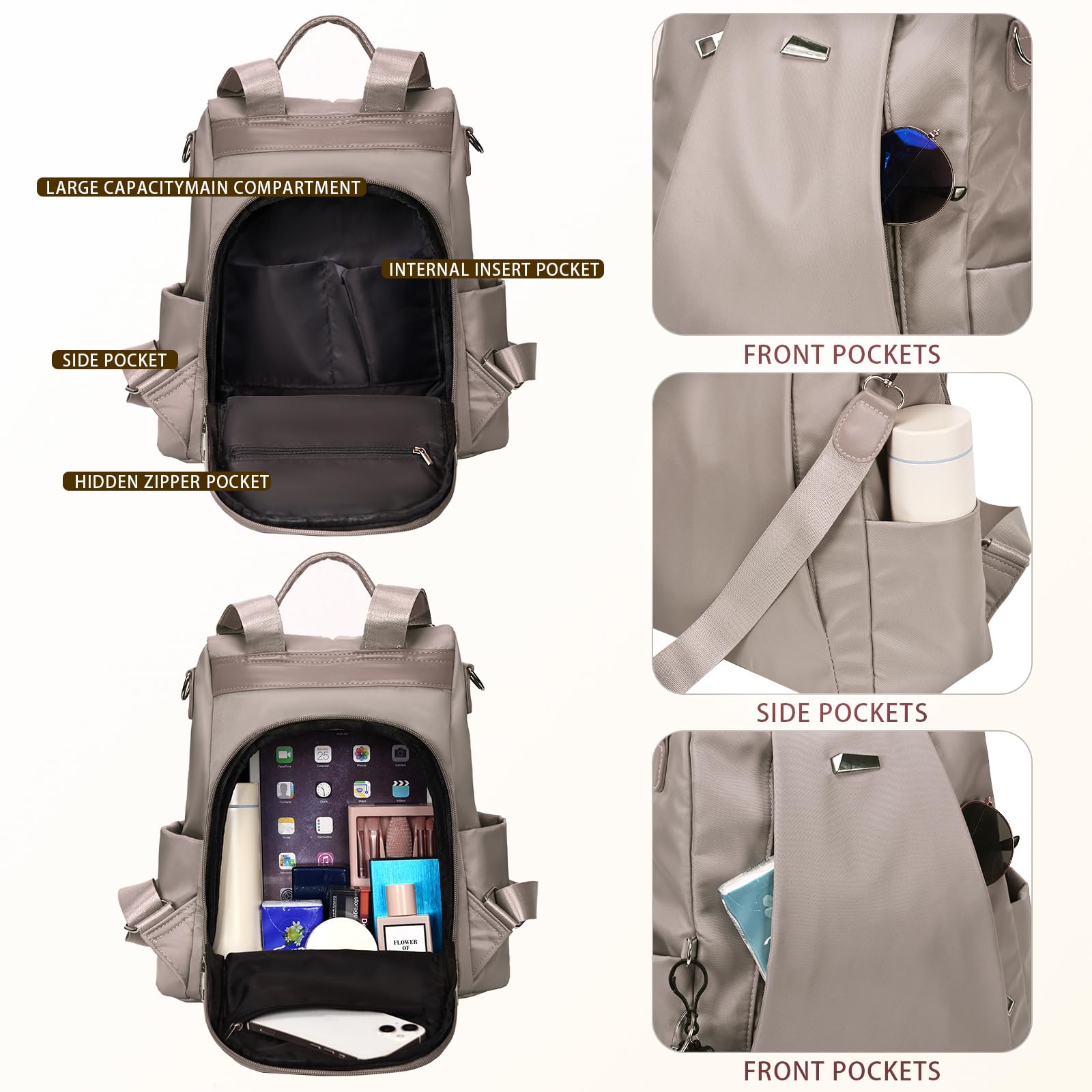 Eshow Zaino Donna Antifurto, Zainetto Multifunzionale, Borsa Casual ed Moda per Viaggio, Scuola, Lavoro, Shopping, Visite e Università