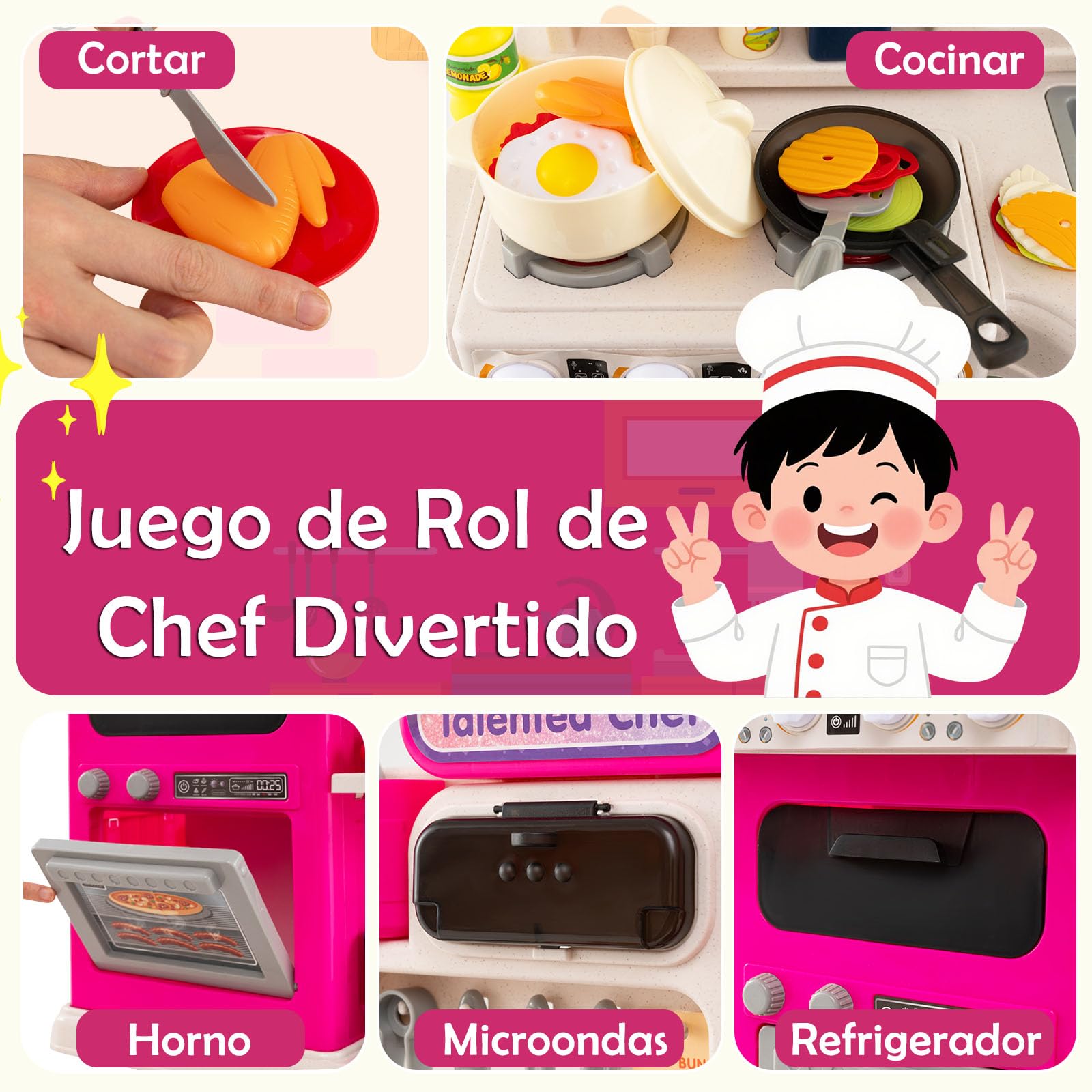 GOPLUS Cocina de Juguete para Niños, Cocinita Infantil con Fogones, Frigorífico, Microondas, Fregadero, Grifo, Vapor, Sonido y Luz, Juego de rol con 54 Accesorios para Niños de 3+ Años (Rosa)
