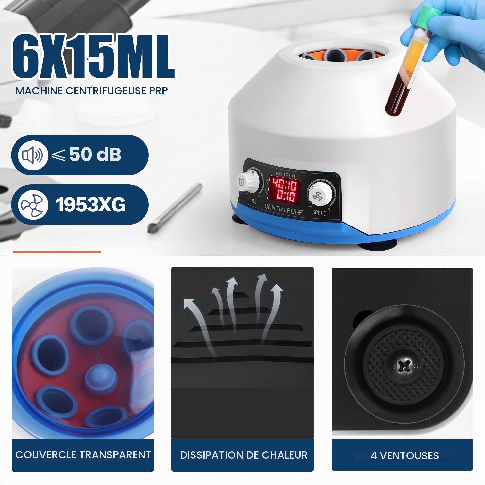 Centrifugeuse Laboratoire 6x15ml avec écran LCD, Centrifugeuse PRP Plasma 4000rpm, limite de 100min, 1953xg, pour le sang, le plasma, la pratique médicale-220V