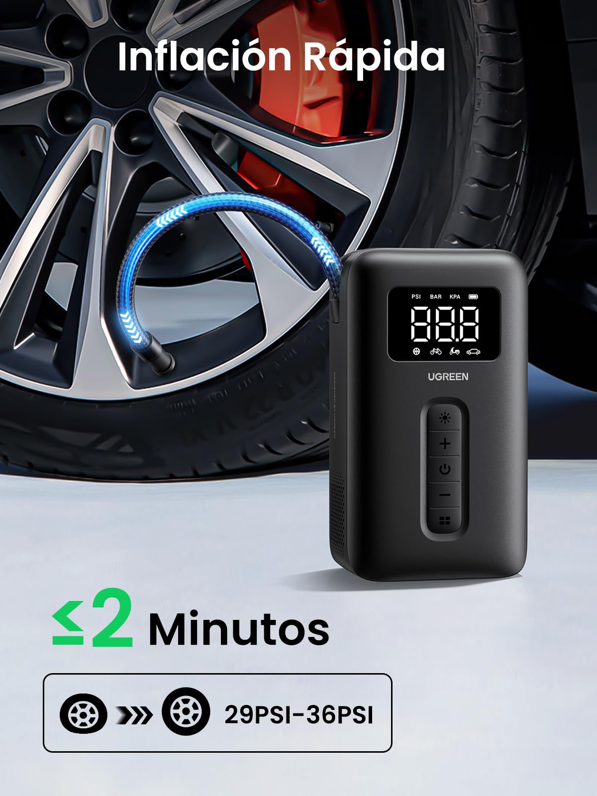 UGREEN Compresor Aire Portatil, 150PSI Inflador Ruedas Coche Mini Bomba de Aire Bicicleta Electrica con Pantalla LCD Digital y Linterna LED，con Boquillas para Coches, Motos, Bicicletas